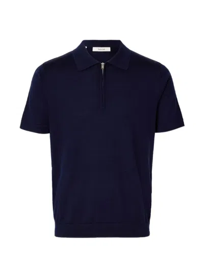 Selected Half Zip Knitted Polo In Blue