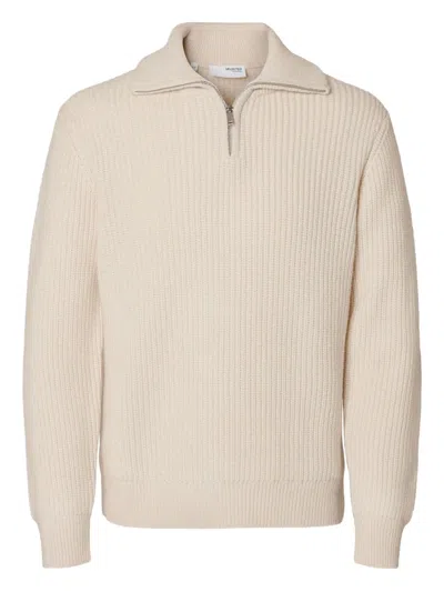 Selected Gerippter Pullover Mit Reissverschluss In Neutral