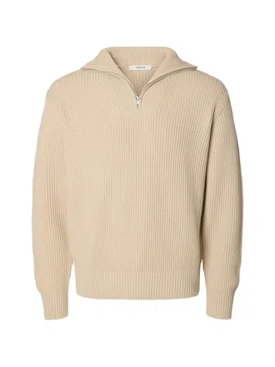 Selected Half-zip Ribbed-knit Sweater In Neutral