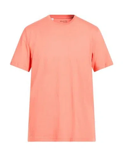 Selected Homme Man T-shirt Coral Size L Organic Cotton In Orange