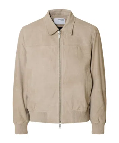 Selected Long Sleeve Leather Jacket In Brown