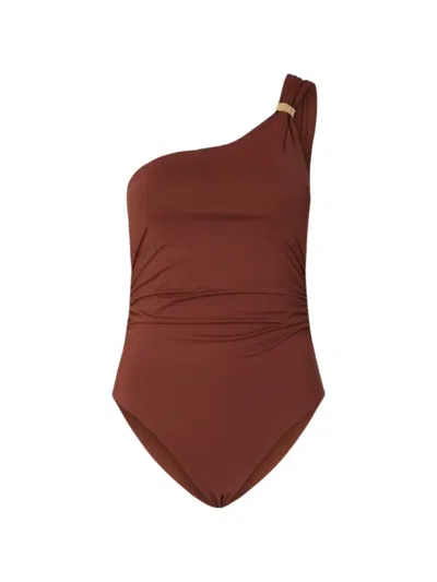 Selected One-shoulder Ruched Swimsuit In Brown