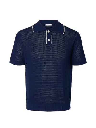 Selected Open-knit Contrast-trim Polo Shirt In Black