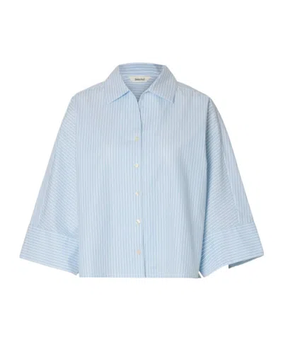 Selected Oversized 3/4 Sleeved Shirt In Blue