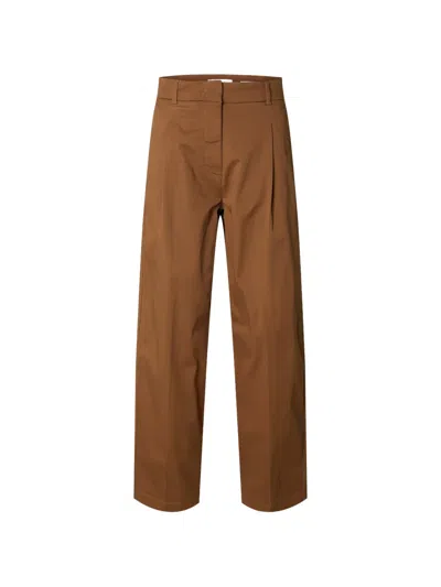 Selected Pleated Wide-leg Trousers In Brown