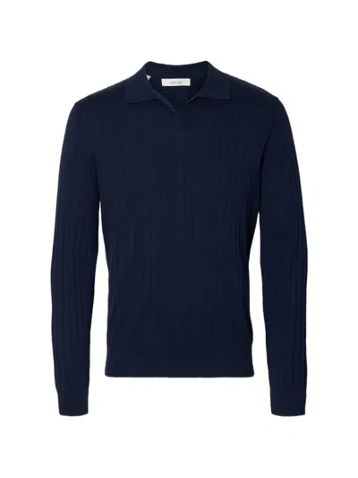 Selected Ribbed Polo-collar Sweater In Blue