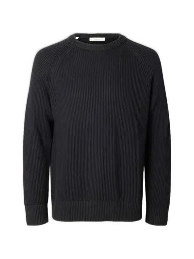 Selected Ribbed-knit Crew-neck Sweater In Black