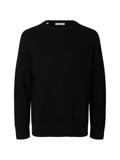Selected Ribbed-knit Crew-neck Sweater In Black