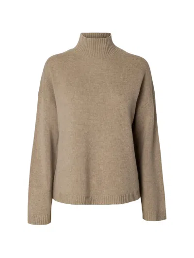 Selected Ribbed-knit High-neck Sweater In Brown