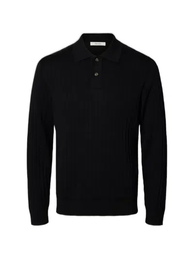 Selected Ribbed-knit Polo Sweater In Black