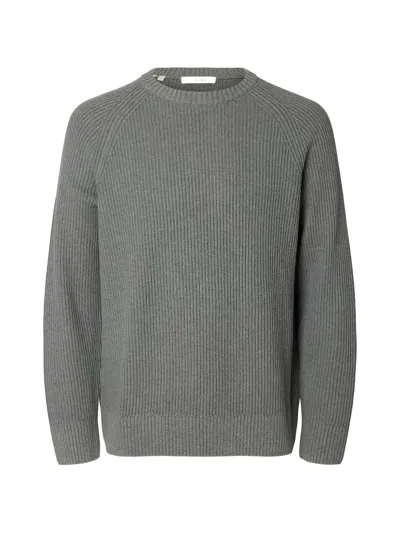 Selected Ribbed-knit Raglan-sleeve Sweater In Gray