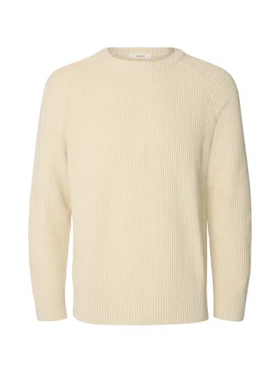 Selected Ribbed-knit Raglan-sleeve Sweater In Neutral