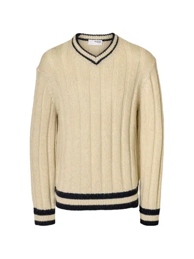 Selected Ribbed-knit V-neck Sweater In Neutrals