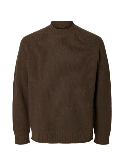Selected Ribbed-knit Wool Sweater In Brown