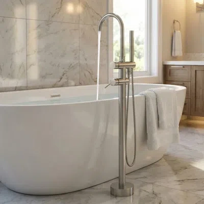 Selected Rotation 304 Stainless Steel Freestanding Tub Filler With Hand Shower In Brushed Nickel