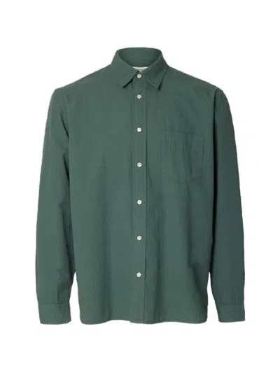 Selected Seersucker Long-sleeved Shirt In Green