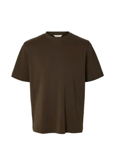Selected Short-sleeve Cotton T-shirt In Brown