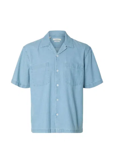Selected Light Denim Short Sleeve Shirt In Blue