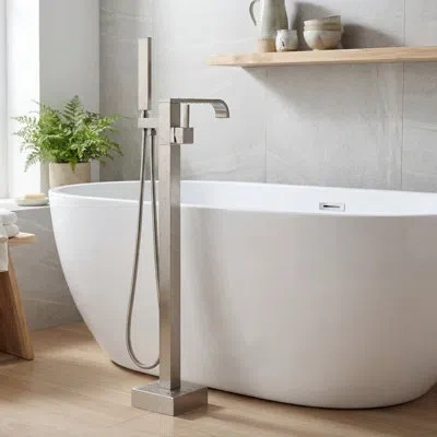 Selected Single-hole 304 Stainless Steel Freestanding Tub Filler With Hand Shower In Brushed Nickel