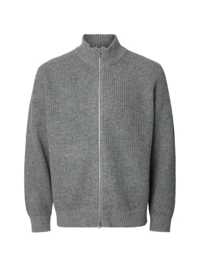 Selected Zip-fastening Ribbed-knit Cardigan In Gray