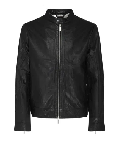 Selected Zippered Long-sleeved Leather Jacket In Animal Print