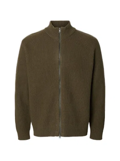 Selected Zip-up Ribbed Cardigan In Multi