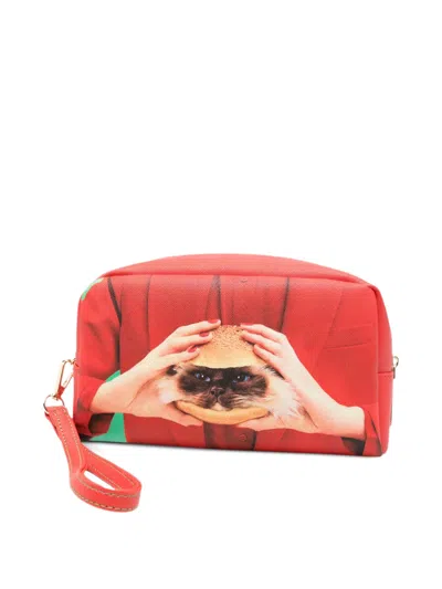 Seletti Cat-print Wash Bag In Orange
