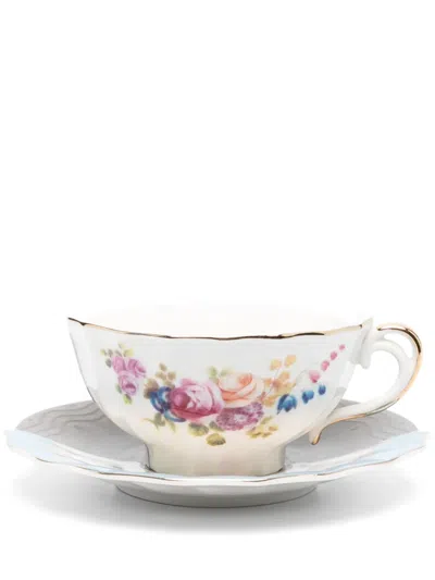 Seletti Hybrid Kerma Floral-print Tea Cup Set In Grey