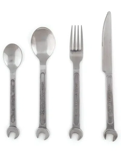 Seletti Machine Collection Slogan-engraved Cutlery (set Of Four) In Silver