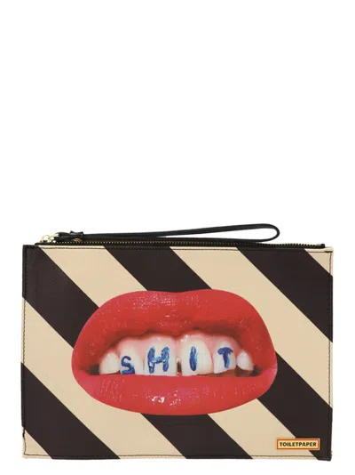 Seletti Stripes Shit Clutch White/black