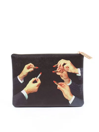 Seletti "toiletpaper" Printed Beautycase Cm 21 X 15.5 Lipsticks Black In Multi