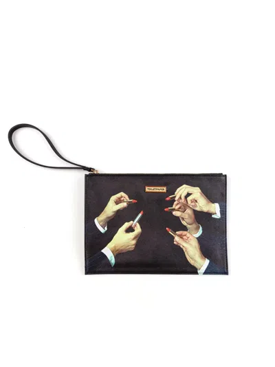 Seletti "toiletpaper" Printed Handbag Cm 28 X 20 X 3 Black Lipsticks In Brown
