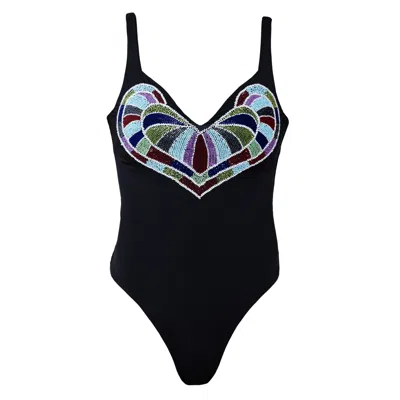 Self-adore Women's Black / Blue Amor Hand-beaded Embellished One-piece Swimsuit- Black