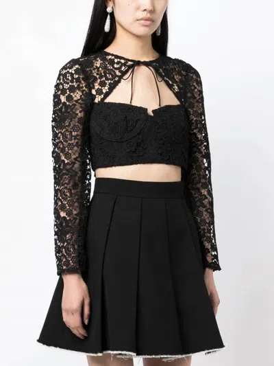Self Contrast Open Tie Lace Crop Top In Black