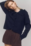 Self Contrast Ruffle-collar Cardigan Sweater In Blue
