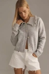 Self Contrast Ruffle-collar Cardigan Sweater In Grey