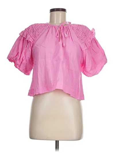 Pre-owned Self Contrast Short Sleeve Blouse In Pink