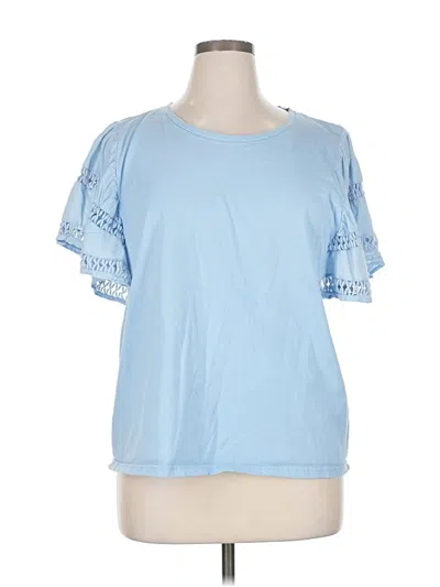 Pre-owned Self Contrast Short Sleeve Top Blue Keyhole Neckline Tops