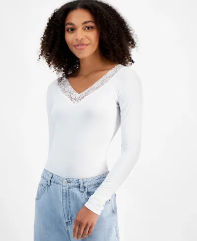 Self Esteem Bodysuit Women's Bright White Lace Trim Ribbed V-neck Pall309