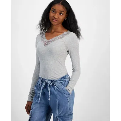 Self Esteem Bodysuit Womens Juniors Heather Gray Lace Trim V Neck Pall530 In Grey