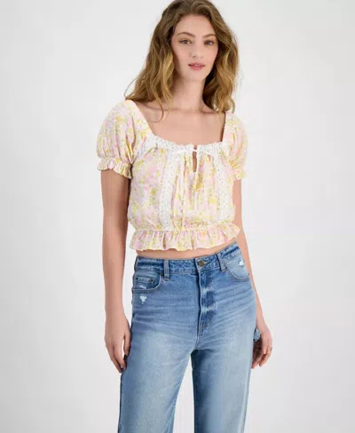 Self Esteem Crop Top Women's Multi Floral Ruffle Hem Puff Sleeve Pal146