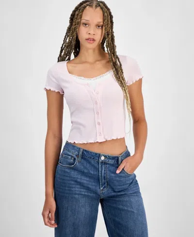 Self Esteem Hippie Rose Top Women's Pink Lace Trim Button Front Scoop Neck Cropped Pal50