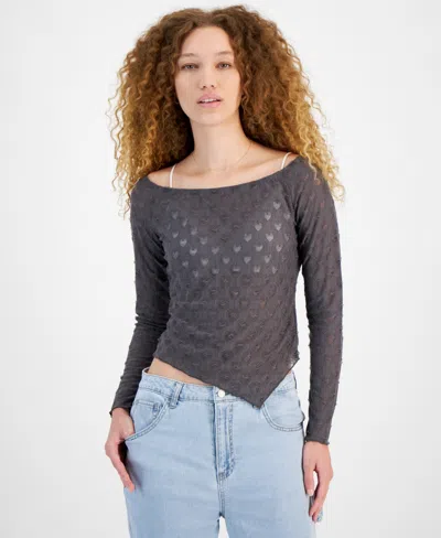 Self Esteem Juniors' Asymmetric Heart Knit Long Sleeve In Granite