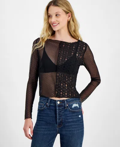 Self Esteem Juniors' Boat-neck Long-sleeve Mesh Top In Black