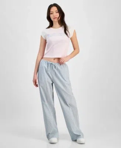 Self Esteem Juniors Cap Sleeve Baseball T Shirt Seersucker Drawstring Pajama Pants In Baby Blue