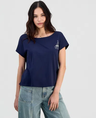 Self Esteem Juniors' Cape Cod Graphic Cotton Boat Neck T-shirt In Blue