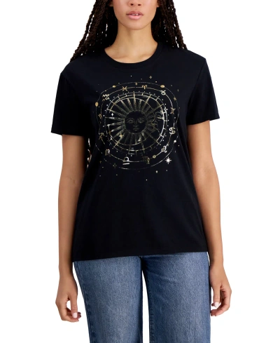 Self Esteem Juniors' Celestial-foil-print Crewneck T-shirt In Black