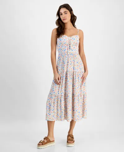 Self Esteem Juniors' Floral Lace-up Sweetheart Midi Dress In White Floral