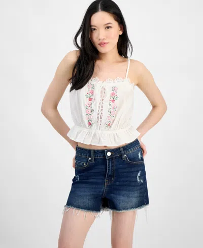 Self Esteem Juniors' Lace-trim Embroidered Peplum Tank Top In Bright White,pink