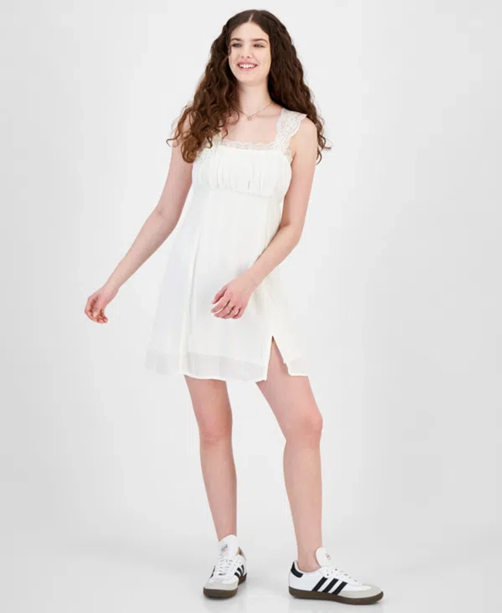 juniors white mini dress Self Esteem Juniors' Lace Trim Mini Dress In Snow White